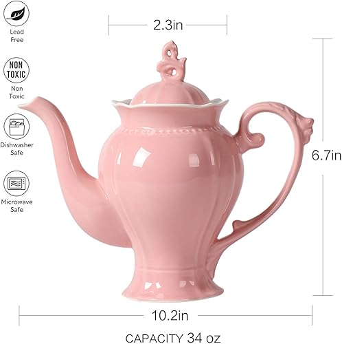 Miniatura 5 de Tetera inglesa rosa de porcelana fina, cafetera estilo Victoria, peso ligero, 37 onzas