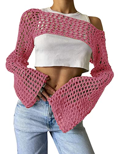 KEOMUD Women Mesh Crochet Crop Top Long Sleeve...