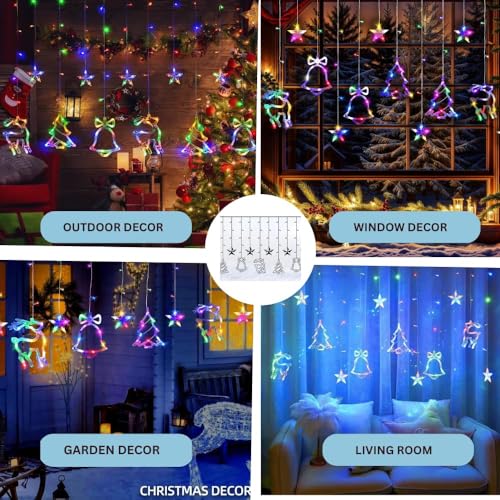 Image of Christmas LED Lights - 138 LEDs with Star, Jingle Bell, Reindeer, and Christmas Tree Designs | 8 Lighting Modes for Home, Bedroom, Wedding, and Party Decorations (Multi Color)