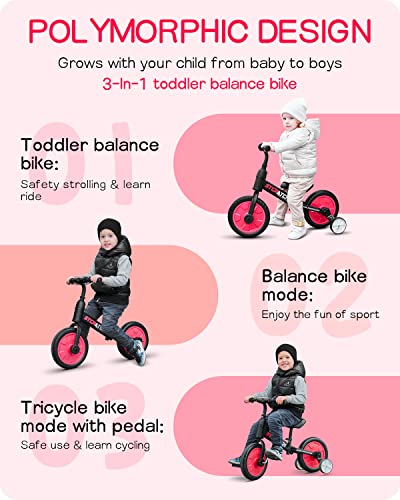 Image of Eilsorrn 3 in 1 Balance Bike Toddlers Training Bicycle for Kids 2-5 Years Girls Boys Riding Tricycles Bike with Training Wheels and Detachable Pedal for Indoor Outdoor Thanksgiving Christmas (Red)
