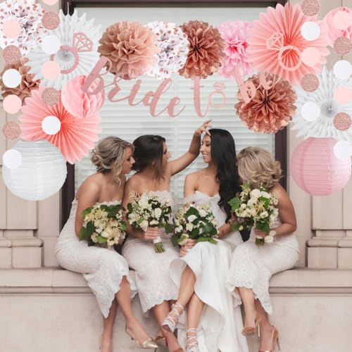 Image of Bachelorette Party Decorations Pink Rose Gold Bridal Shower Decorations Rose Gold Bride To Be Banner Dusty Pink Paper Pom Poms Wedding Shower Engagement Party Decor