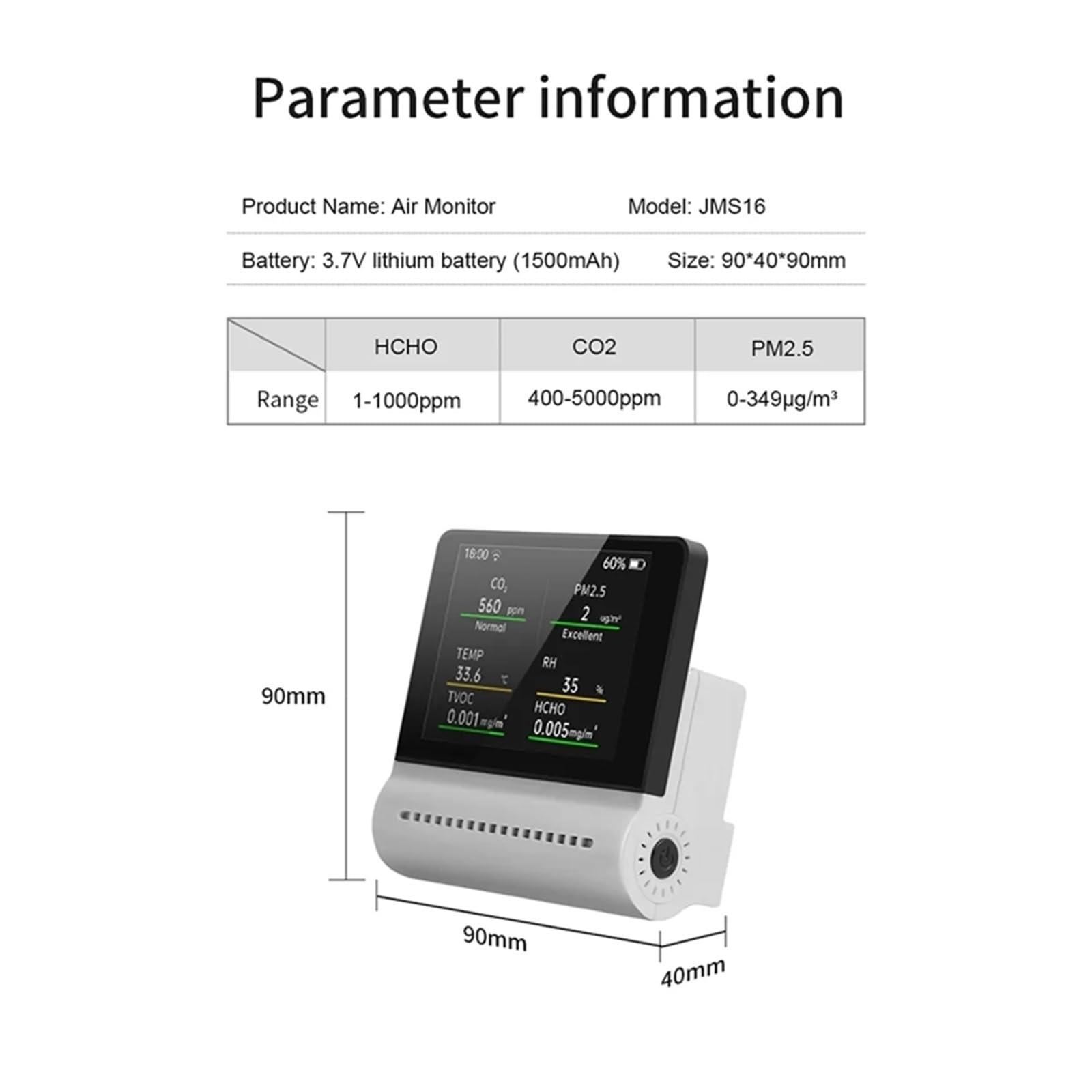 Monitor jakości powietrza w pomieszczeniach 1 zestaw Monitor ści powietrza Pm2.5 HCHO TVOC Co2 Temperatura Wilgotność Wielofunkcyjny pojemnościowy ekran dotykowy do domu, kuchni, biura, samochodu