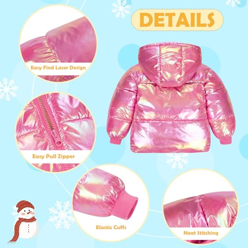 UNICOMIDEA Baby Girl Jacket Rose Red Infant Winter Coats Hooded Fleece Down Laser Thicken Warm Zipper Light Puffer Toddler Outerwear With Pockets For 18-24 Months School