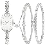 NEWITIN 3 Pieces Women Silver Watch Bracelets Set Fashion Costume Jewelry Stainless Steel Silver Plated Oval Wristwatch Diamond Bangle Bracelet Watch Jewelry Set for Women