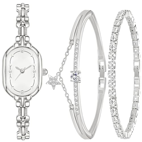 NEWITIN 3 Pieces Women Silver Watch Bracelets Set Fashion Costume Jewelry Stainless Steel Silver Plated Oval Wristwatch Diamond Bangle Bracelet Watch Jewelry Set for Women
