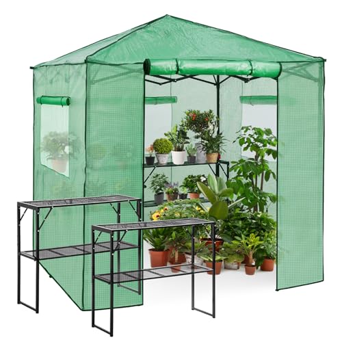 Image of EAGLE PEAK 7x7 Easy Setup Pop Up Greenhouse, 2 Folding Shelves, Clear /Green