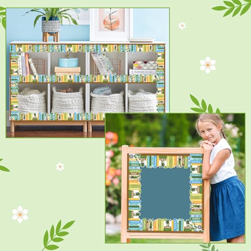 Image of BeYumi Plant Bookshelf Border Trim - 65ft Back to School Green Plant Inspirational Books Rolled Border Trim Motivational Potted Plants Bookshelf Bulletin Board Library Classroom Office Home Wall Decor