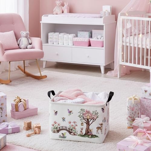 Image of Kid Cute Rectangle Storage Basket Baby Toy Clothes Storage Bin Nursery Playroom Bedroom Decor Basket (Pink Tree House Flower Fairy)