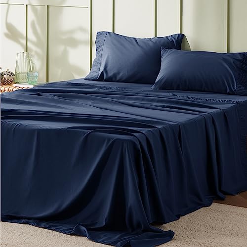 Image of Bedsure Full Size Bed Sheets - 4 Pieces Soft Full Sheet Set - Breathable & Cooling - Hotel Luxury - Easy Care Polyester Microfiber Bedding for Women, Men, Navy