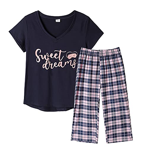 Image of YIJIU Women Soft Comfy Pajamas Cute Cat Short Sleeve Capri Pants PJS Set