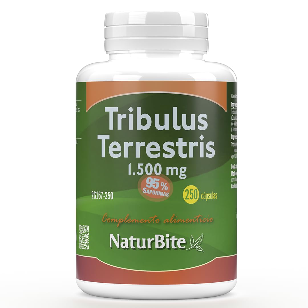Tribulus Terrestris 1500mg en cada Cápsula 95% Saponinas 250 Cápsulas, NaturBite. Salud Masculina y Cardiovascular. Optimiza las funciones masculinas y la energía, ayudando a la recuperación muscular