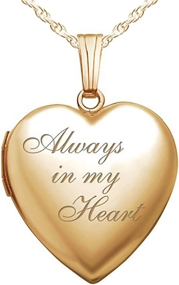 PicturesOnGold.com 14K Yellow Gold Always in My Heart Engraved Heart Locket Necklace (3/4 x 3/4 inch). Customizable with Engraving and Photo.