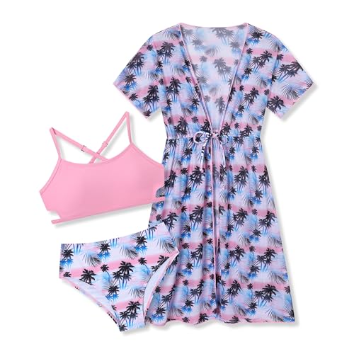Image of Girls Bikini Set 3 Piece - Striped Multicolored Swimsuit with Quick Dry Cover Up - Bathing Suit for Kids 6-14 Years