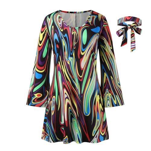 80er jahre outfit damen, 70er Jahre Outfit Damen Faschingskostüme Karneval Kostüm Festival Hippie Kleider mit Stirnband 60er 70er Jahre Kleid Große...