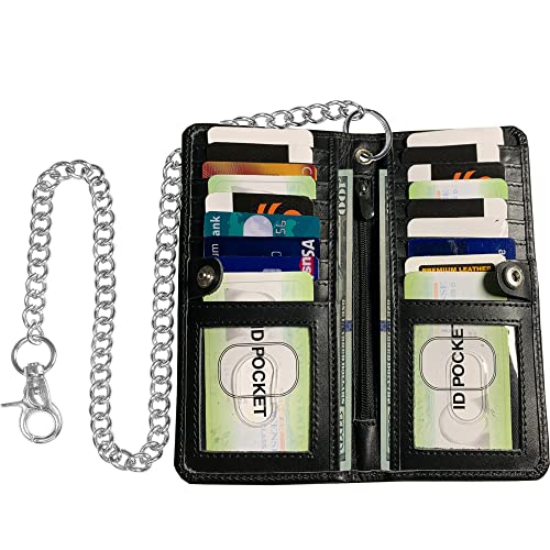 Image of CLASSIC Motorcycle Chain Wallet for Men - Premium Cowhide Leather, RFID Bi-Fold Biker Wallet with Heavy Duty Chain for Bikers Truckers & Hunters, Credit Card Money Organizer Long Wallet Ostrich Black