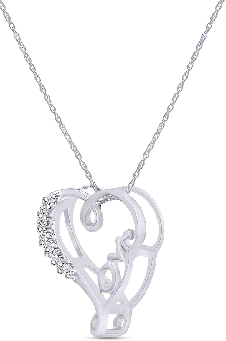 SAVEARTH DIAMONDS Round Cut Lab Grown Diamond Accents Love Heart Pendant Necklace In 14k Gold Over Sterling Silver Jewelry For Her, 18" Chain (0.07 Cttw)
