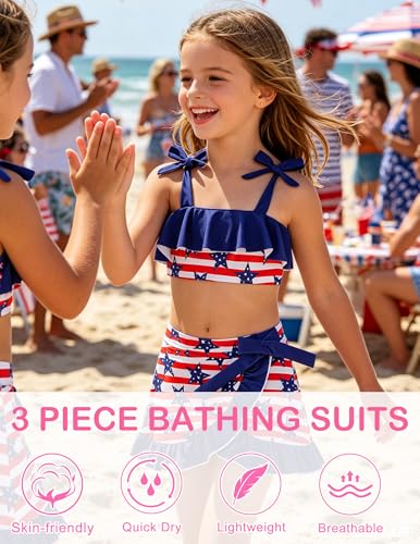 Image of ALISISTER Girls Swimsuit 3 Piece Bathing Suits Flounce Bikini Tankini Set Beach Swimwear with Cover Ups Skirt for 3-8 Years