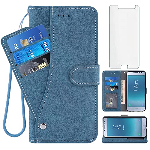 Asuwish Compatible with Samsung Galaxy J2 Pro 2018/Grand Prime Pro Wallet Case and Tempered Glass Screen Protector Flip Card Holder Stand Cell Phone Cover for J 2 J2pro J250M SM-J250M Women Men Blue