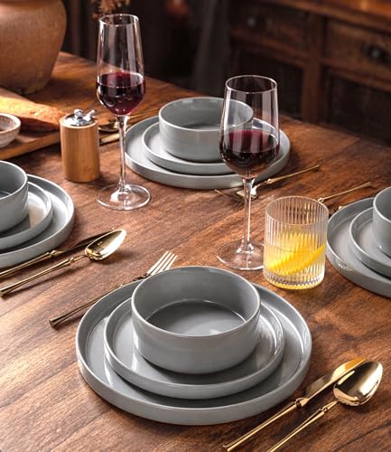 Image of AmorArc Ceramic Dinnerware Set for 4 | Speckled Stoneware Plates and Bowls with unglazed terracotta | Scratch Resistant, Dishwasher & Microwave Safe Dishes Sets- 12-Pcs Gray