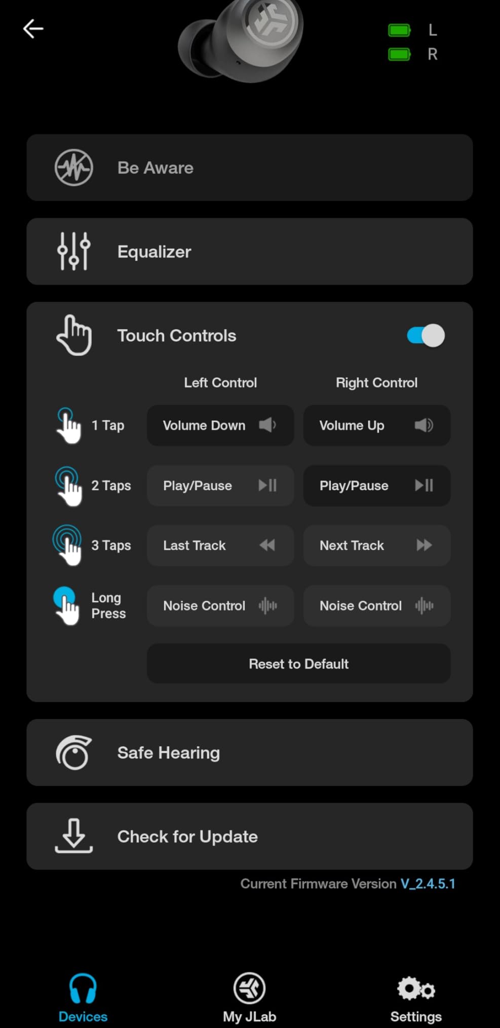JLab app settings screenshot for Go Air Pop+