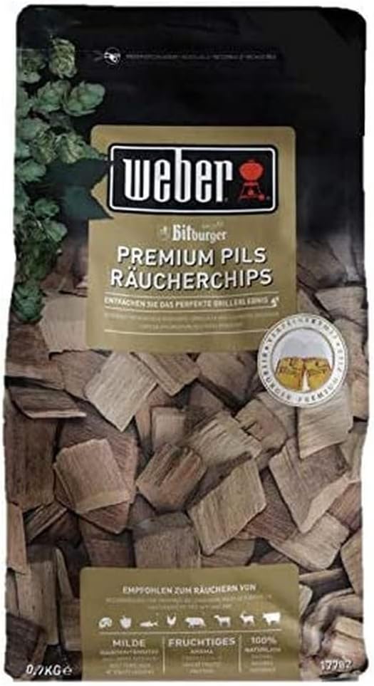 Weber 17782 Bitburger Premium Pils Smoking Chips 700 g for All Meat, Vegetables and Cheeses, Sweet Fruity Taste, Smoking, Aroma, Grilling
