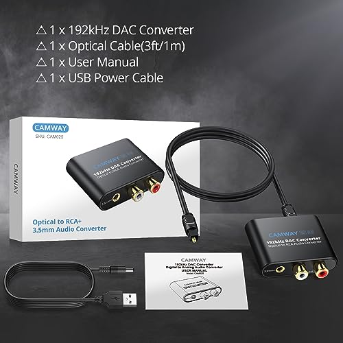 Image of CAMWAY 192kHz Optical to RCA 3.5mm DAC Converter Built-in Amplifier Chip