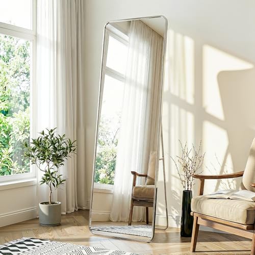 Delma Full Length Mirror Floor Standing Full Body Mirror for Bedroom Wall Mounted Freestanding or Leaning Rounded Corners Rectangle Design for Living Room Bedroom or Dressing Room(Silver)