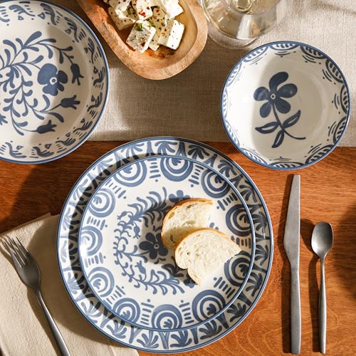 Image of Bloomhouse - 2-Time Oprah's Favorite Things - Valencia Flor 16 Piece Dinnerware Set, Artisanal Decorated Stoneware Plates & Bowls, Service for 4, Microwave & Dishwasher Safe, Iris Blue