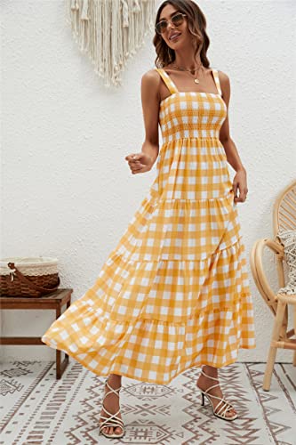 Image of kinstell Women's Summer Boho Spaghetti Strap Square Neck Ruffle Casual Flowy Long Dress Beach Swing Party Maxi Dress