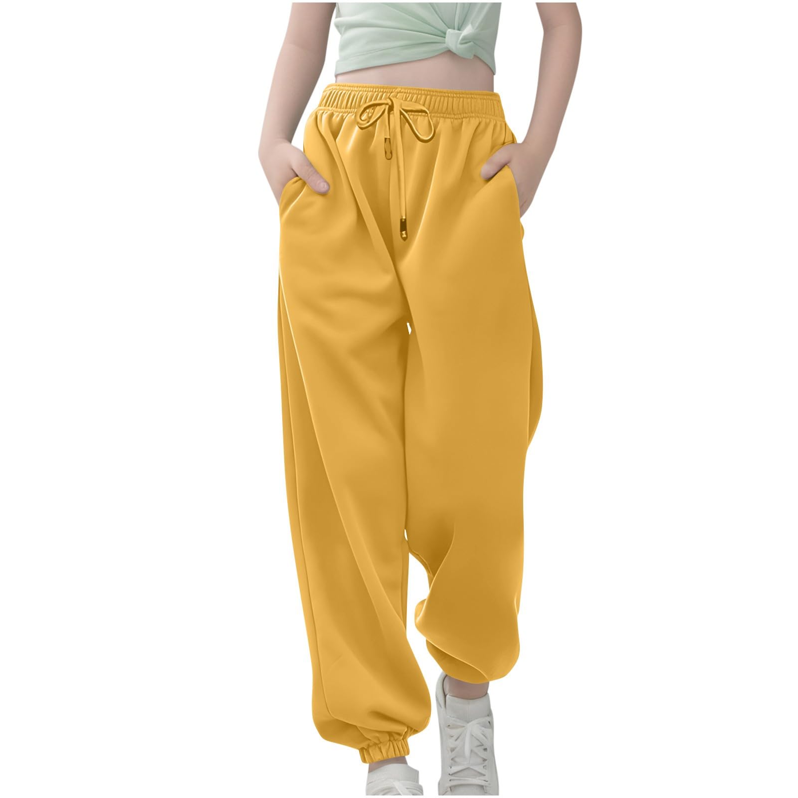 Boys Girls Aesthetic Sweatpants Drawstring Pockets Kids Plain School Pants Casual Baggy Joggers (Yellow, 3-4 Years)