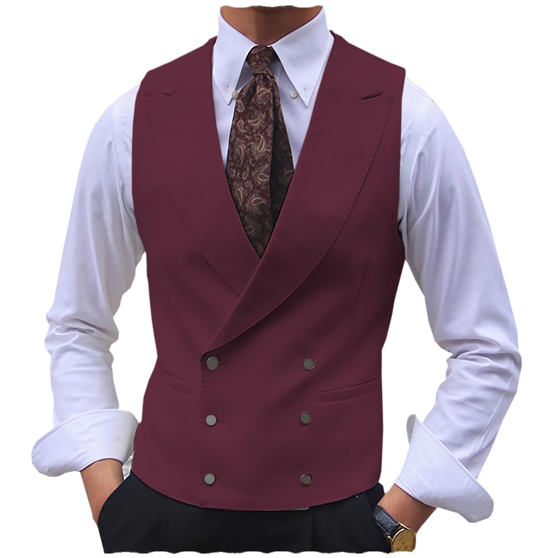 Tuikayoo Men's Suit Vest Business Formal Double Breasted Dress Waistcoat Tuxedo Vest for Wedding Prom（Burgundy，S）
