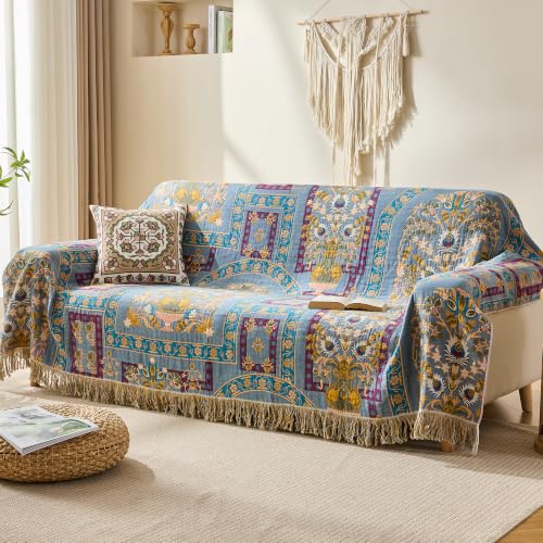 Image of VANJOROY Boho Throw Blanket, 100% Organic Cotton Breathable Skin-Friendly Ultra Soft 60 inch x 80 inch Bed Quilt Throw - Floral Rustic Luxury Reversible Blanket for Sofa Couch Chair and Gift,