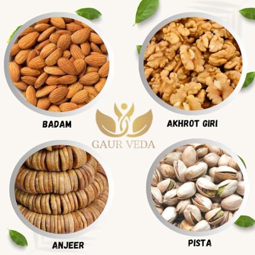Image of GAURVEDA Premium Dry Fruits Mix: Almonds, Walnuts, Figs, Pistachios - Healthy Snack, for Diwali & Festive Occasions (50 Grams Each, Badam + Akhrot + Anjeer + Pista)