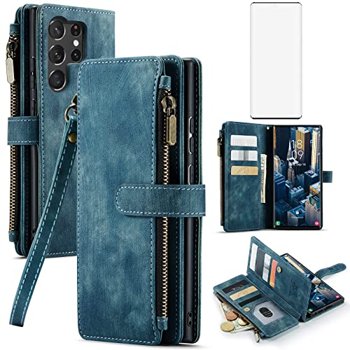 Coque Samsung S23 Ultra avec protège-écran verre trempé et porte-carte Asuwish bleu