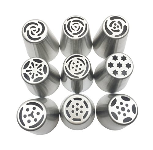 JJMG Russian Tulip Tips Stainless Steel Icing Piping Nozzles Pastry Decorating Tips Cake Cupcake Decorator icing dispenser (9 Piece lot)