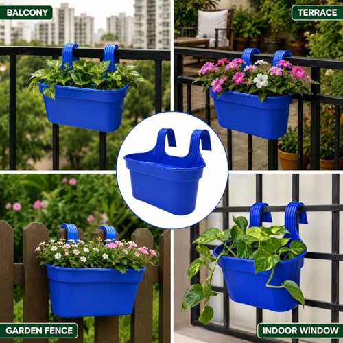 Image of Go Hooked 12 Inch Plastic Railing Hanging Planter Pot Set of 5 | Rectangular Flower Pots with Double Hook for Garden Fence Balcony Indoor Outdoor Home Decor | Durable Plant Container (Blue)