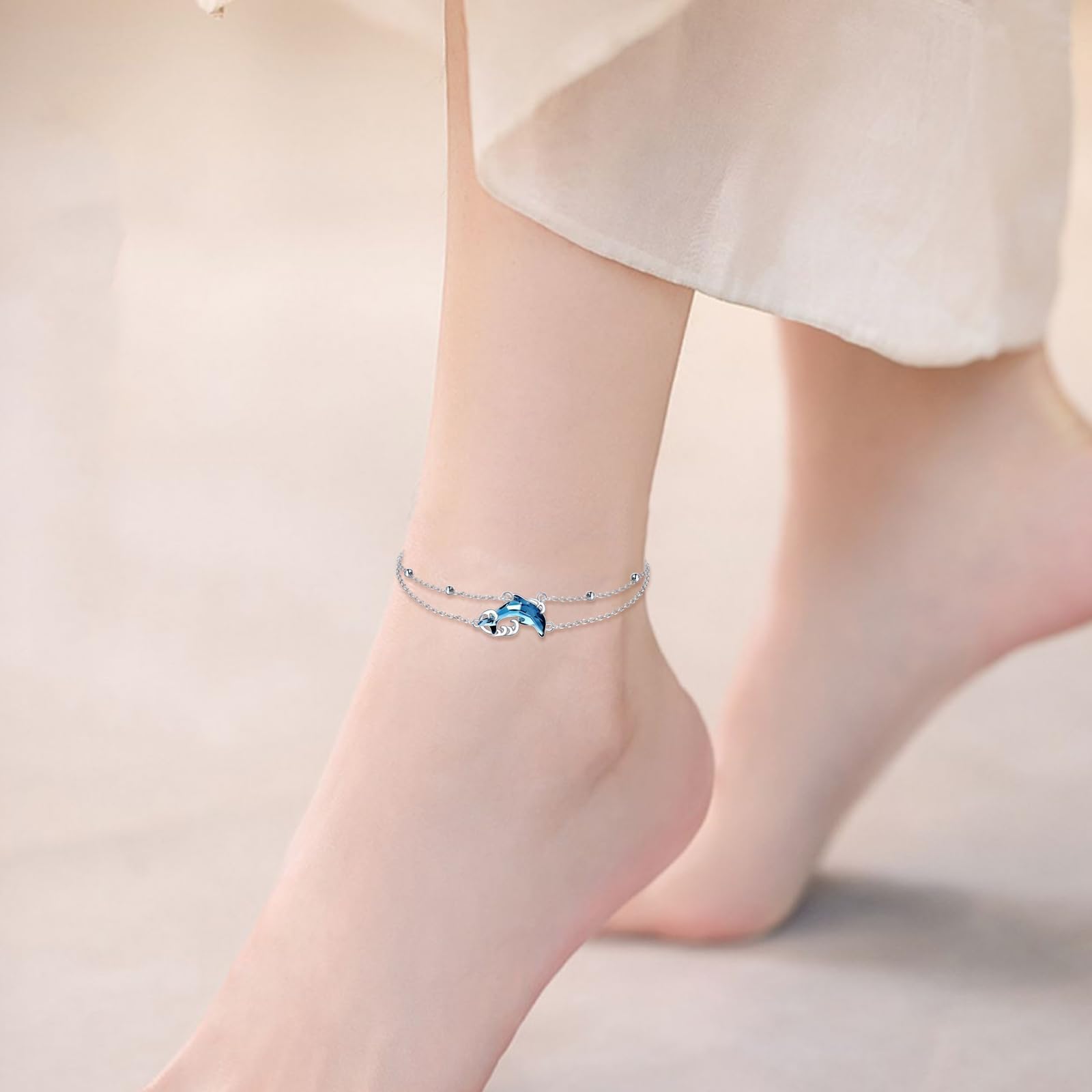 POPLYKE Doliphin Fußkettchen für Frauen Sterling Silber Kristall Fußkettchen Strandschmuck Geschenk für Frauen