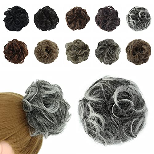 Messy Hair Bun Scrunchies Wavy Curly Synthetic Hair Extensions Donut Chigons Updo Hairpieces (Mixed Gray, 2T88A)