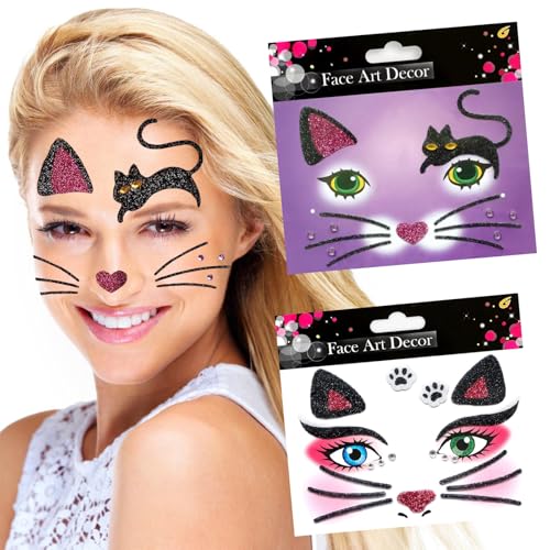 Pegatinas para Tatuajes Faciales, Pegatinas Animales Cara Purpurina,Face Gems Stickers,Tatuajes Temporales Pegatinas,Pegatinas Cara para Carnaval,Festival de Música, Mardi Gras Mascaradas (Gato)