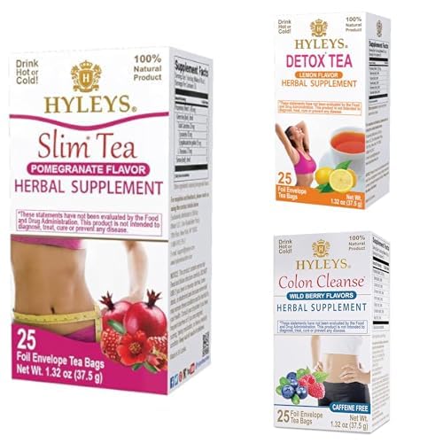 Hyleys Slim Tea Pomegranate Flavor with Detox Tea Lemon Ginger Honey & Colon Cleanse Wild Berries Tea Bags