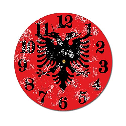 Higoss Horloge murale moderne ronde avec motif drapeau de l'Albanie - Fonctionne à piles - Gros chiffres - Pour cuisine, maison, bureau, salle de bain,...