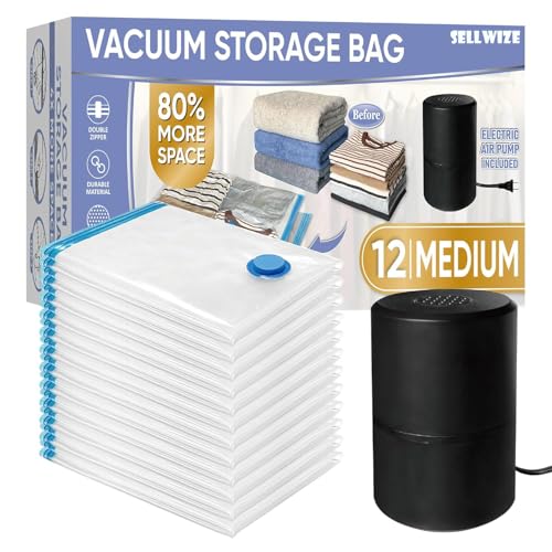 Image of PA,PE Vacuum Storage Bags with Electric Air Pump, 12 Medium (27.5x19,5in), Space Saver Bags with Pump, Storage Vacuum Sealed Bags for Clothes, Comforters, Blankets, Bedding, Black