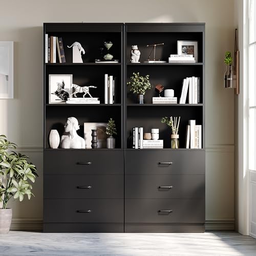Image of 70 inch H Black Bookshelf with Drawers, Tall Bookcase with 3-Tier Open Shelves, Bookshelf and Bookcase with Storage Cabinet for Home Office,Living Room(Black,6-Tier)