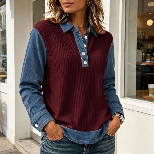 Waffle Tops for Women Jean Patchwork Collared Button Comfy Shirts - image 2