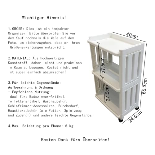 Aufbewahrungswagen, Organizer Regal mit Rädern, 3 Etagen Allzweckwagen auf Rollen, Mobiler Aufbewahrungsregal für Bad Dusche Toilette WC Wohnzimmer Waschecke Waschbereich Küche Büro Schlafzimmer, Weiß