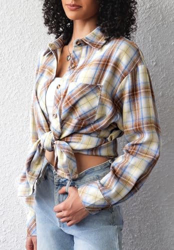 Image of CHYRII Womens Button Down Flannel Shirts Long Sleeve Plaid Shackets Business Casual Blouse Top