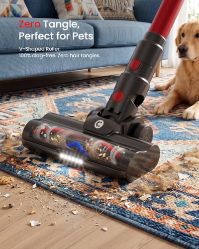Image of CHEBIO Lightweight Cordless Vacuum Cleaners for Home, Stick Vacuum Cordless Rechargeable with 45kPa Suction,45-Min Run,Anti-Tangle and Self-Stand, 6 in 1 Hardwood Vacuum Cleaner (red)