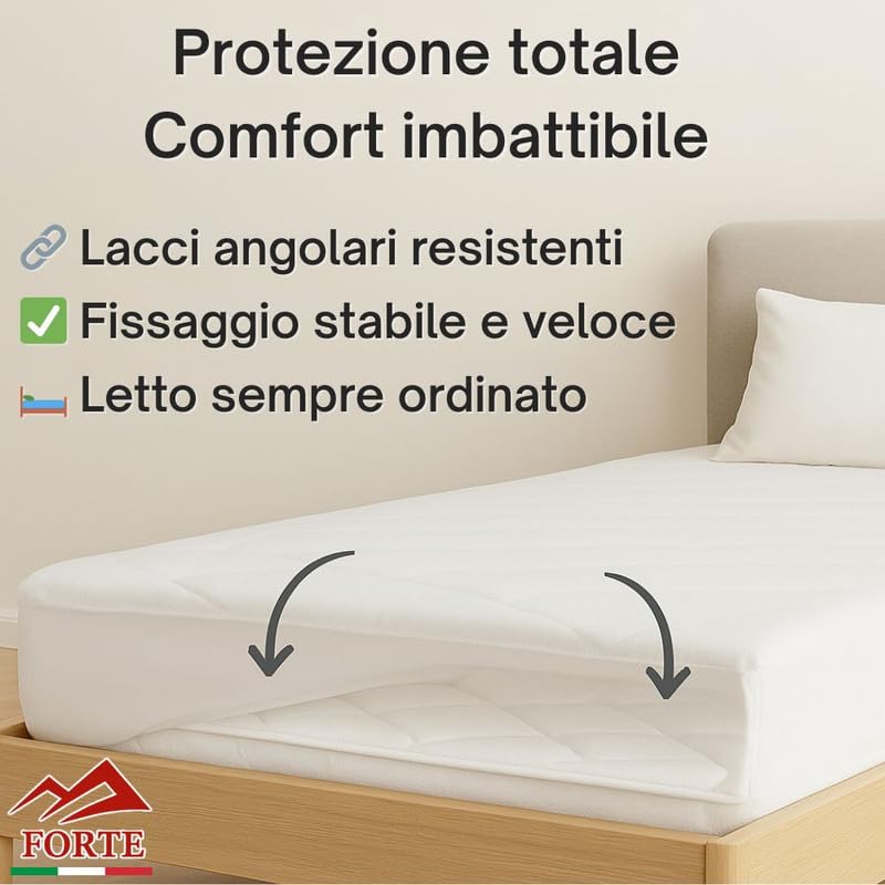 FORTE - Coprirete Matrimoniale 160x190 Imbottito, Resistente Dotato di Lacci agli Angoli, Salvaguarda le Pelli Sensibili con Prioprietà Anallergiche ed Antiacaro, Prodotto in Italia