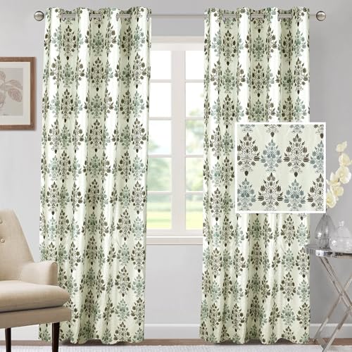 Image of Cortina Polyester 75% Blackout Curtains Set of 2 Floral Print | Grommet Eyelet Window Curtains for Living Room, Bedroom & Kids Room | Light Filtering Drapes for Privacy (White, 7 FT)