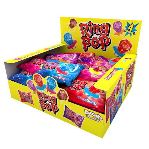 Bazooka Ring Pop Lollipops (Pack of 24 Lollipop Sweets Bulk) Wearable Lollies Fun Sweets for Party Bags 5 Tasty Flavours - Halal Candy